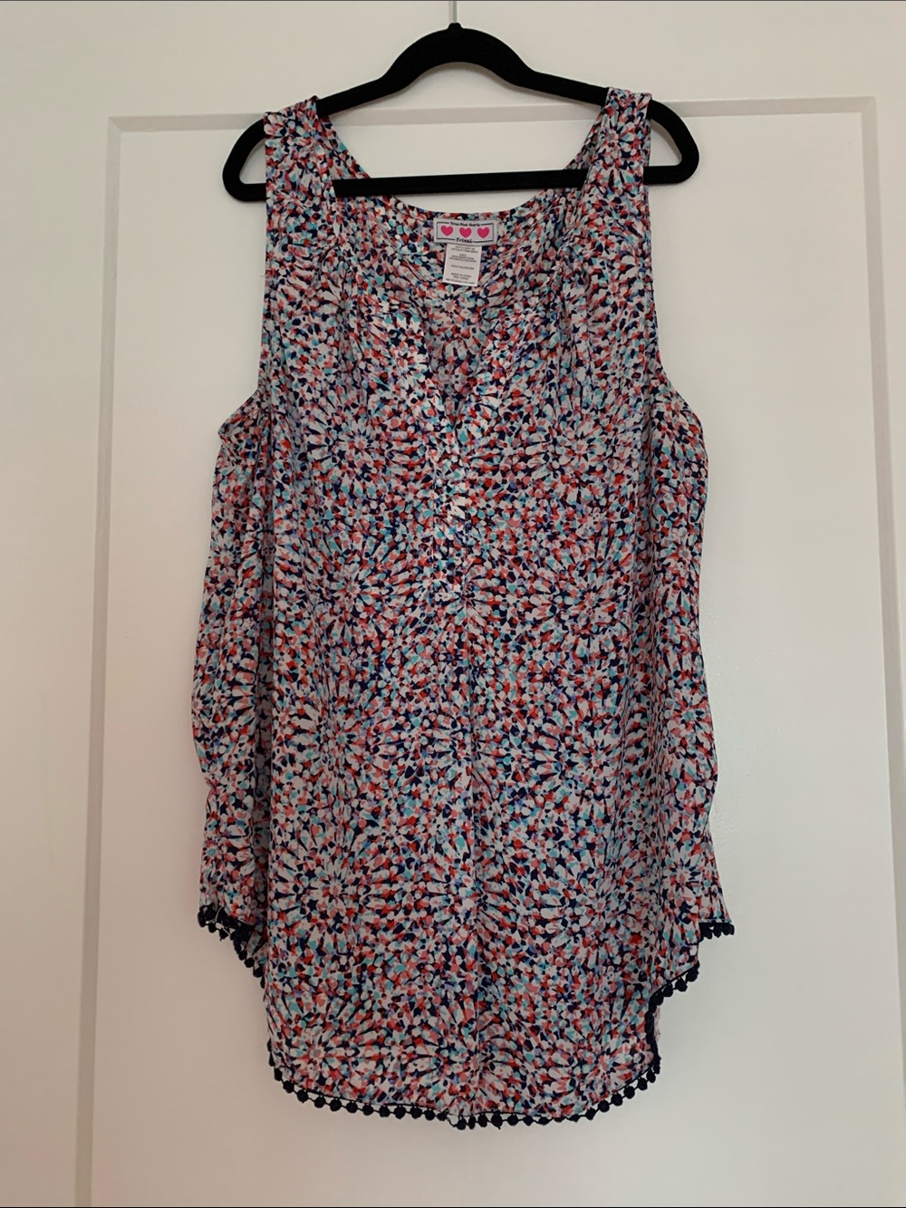 Three Hearts Multicolor V- Neck Floral Pom-Pom Trim Sleeveless Blouse
